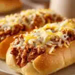 Close-up of cheesy garlic bread sloppy joes with melted cheese and garlic on a clean background.
