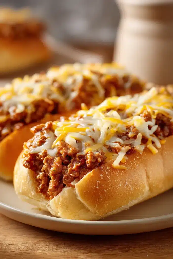 Close-up of cheesy garlic bread sloppy joes with melted cheese and garlic on a clean background.