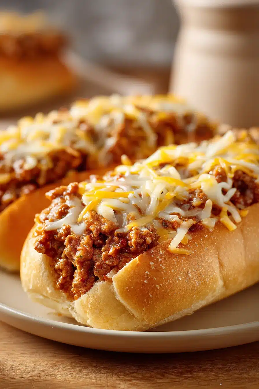 Close-up of cheesy garlic bread sloppy joes with melted cheese and garlic on a clean background.