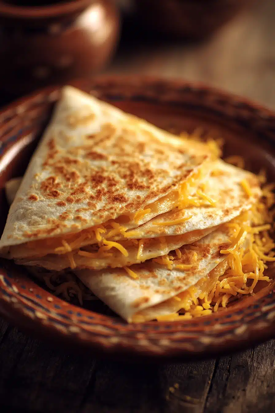 Close-up of a cheesy quesadilla with melted cheese oozing out, on a clean white plate.