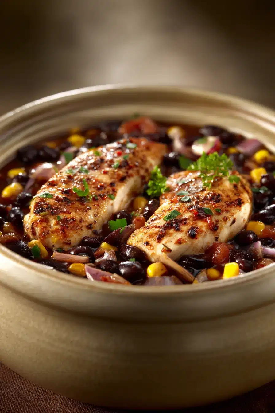 Close-up of Chicken and Black Bean Chili with vibrant colors and textures.