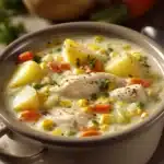 Close-up of creamy chicken and corn chowder with herbs in a white bowl.