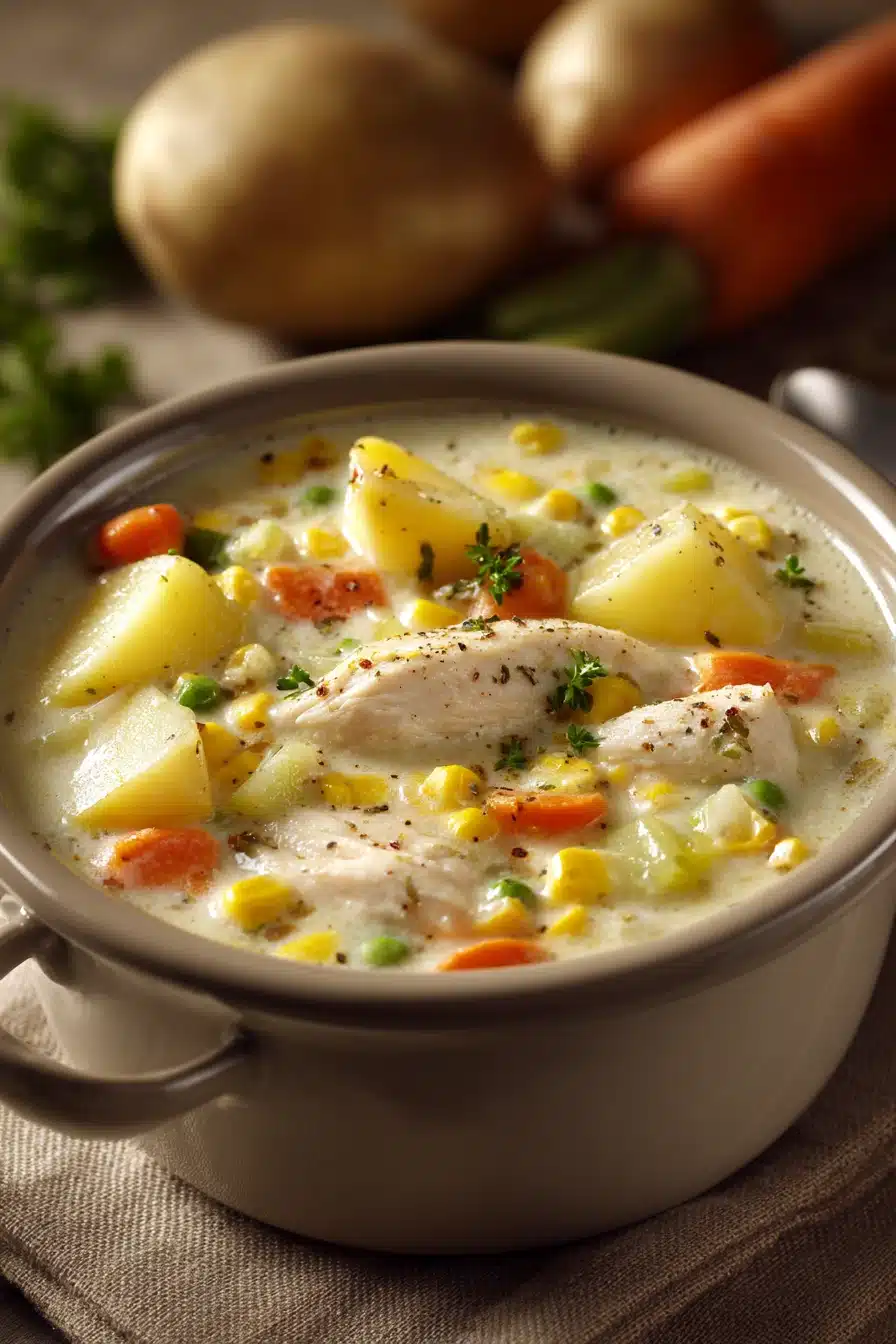 Close-up of creamy chicken and corn chowder with herbs in a white bowl.