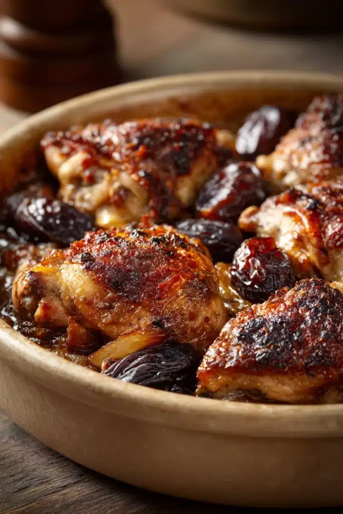 Close-up of a chicken and date casserole with a creamy sauce in a white dish.