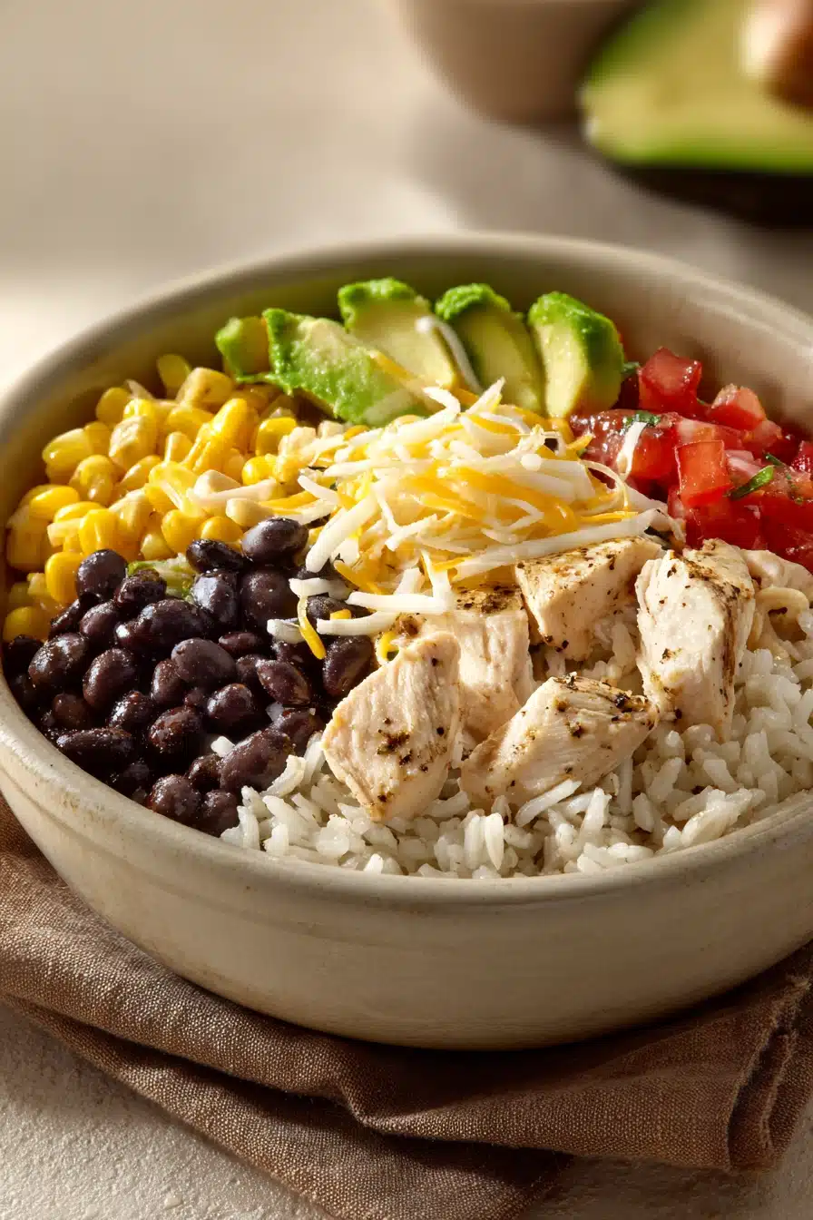 Close-up of a Chicken and Rice Burrito Bowl with fresh ingredients and vibrant colors.