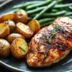 Close-up of a delicious chicken breast dinner with bright, warm lighting and clean background.