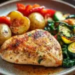 Close-up of a delicious chicken breast dinner with creamy sauce and herbs.