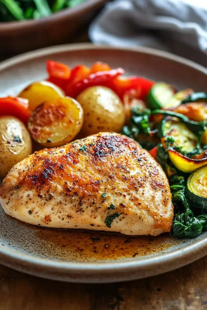 Close-up of a delicious chicken breast dinner with creamy sauce and herbs.
