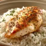 Close-up of chicken breast dinner with rice on a white plate, garnished with herbs.