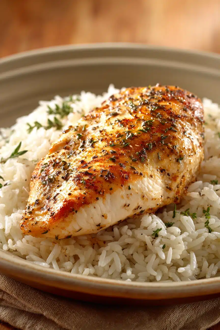 Close-up of chicken breast dinner with rice on a white plate, garnished with herbs.