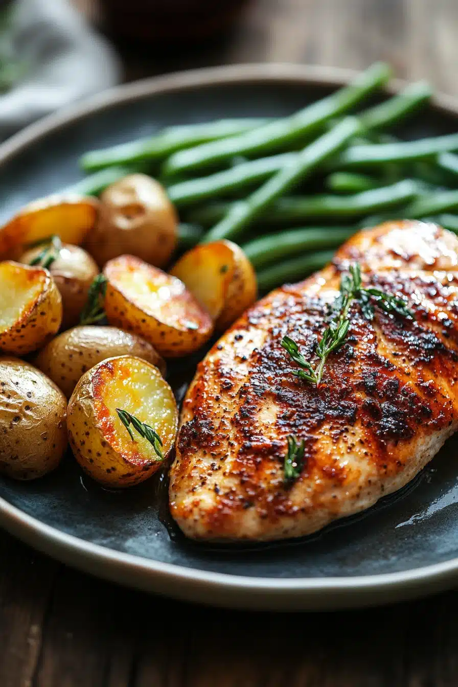 Close-up of a delicious chicken breast dinner with bright, warm lighting and clean background.