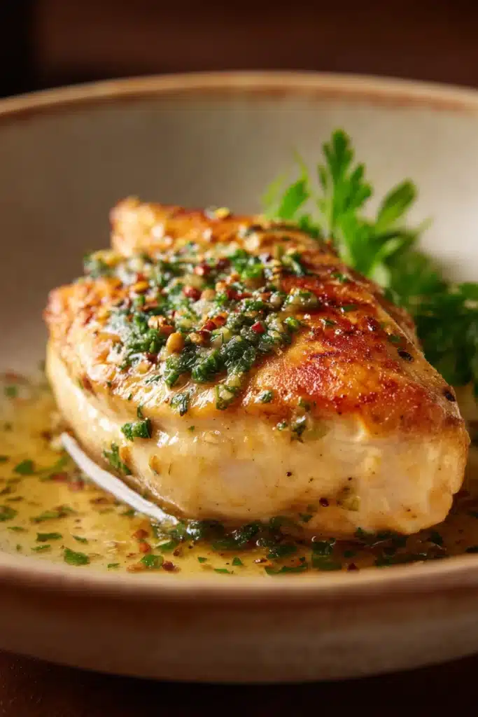 Close-up of a delicious chicken breast meal with creamy sauce and herbs.