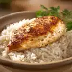 Close-up of chicken breast with rice on a white plate, garnished with herbs.