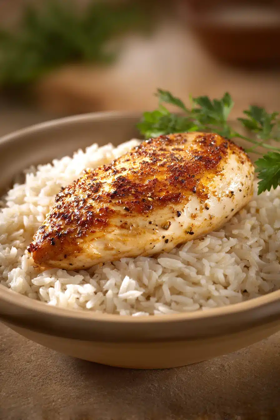 Close-up of chicken breast with rice on a white plate, garnished with herbs.