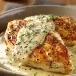Close-up of chicken breast with creamy sauce, garnished with herbs on a white plate.