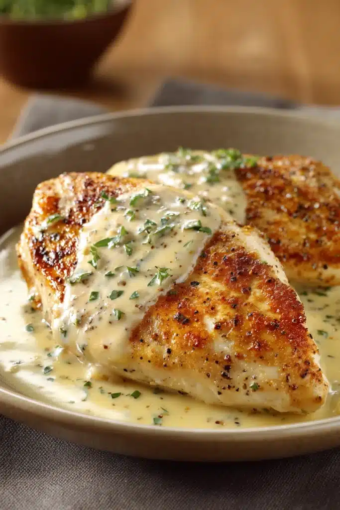Close-up of chicken breast with creamy sauce, garnished with herbs on a white plate.