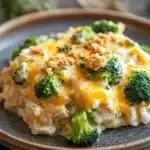Close-up of a chicken broccoli casserole with creamy sauce, perfect for a freezer meal.