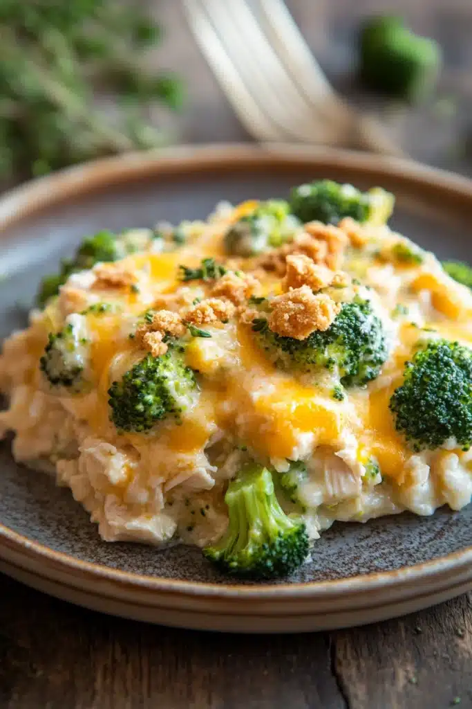 Close-up of a chicken broccoli casserole with creamy sauce, perfect for a freezer meal.