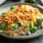 Close-up of a chicken broccoli casserole with melted cheese and broccoli florets, perfect for a freezer meal.