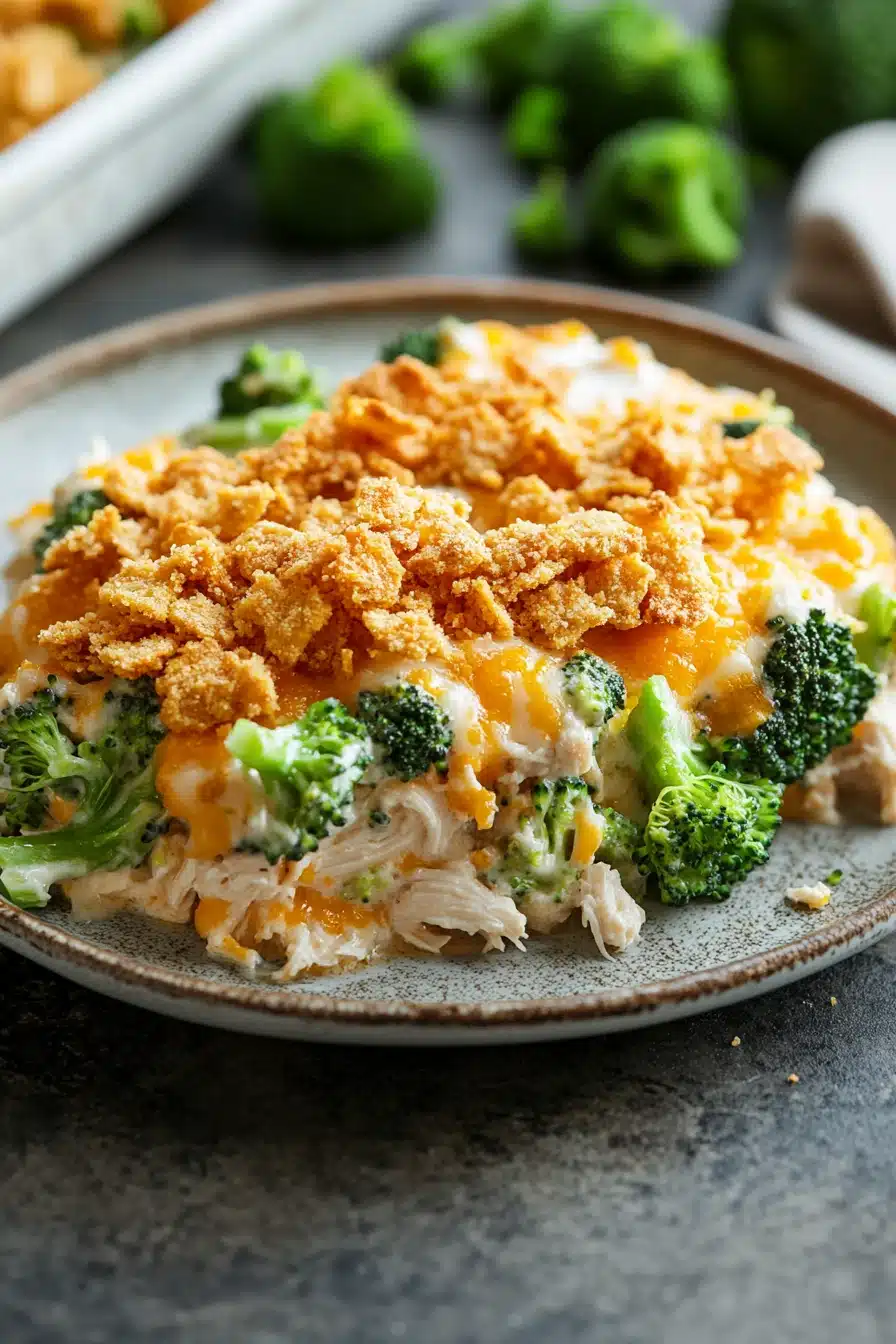 Close-up of a chicken broccoli casserole with melted cheese and broccoli florets, perfect for a freezer meal.