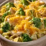 Close-up of chicken broccoli casserole noodles with creamy sauce and cheese