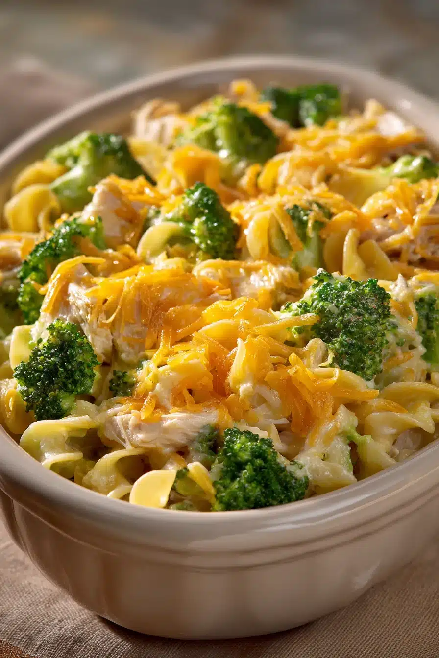 Close-up of chicken broccoli casserole noodles with creamy sauce and cheese
