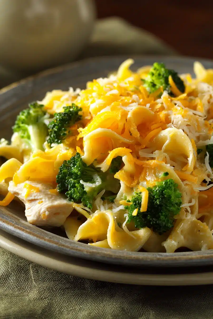 Close-up of chicken broccoli casserole with noodles, topped with cheese and herbs.