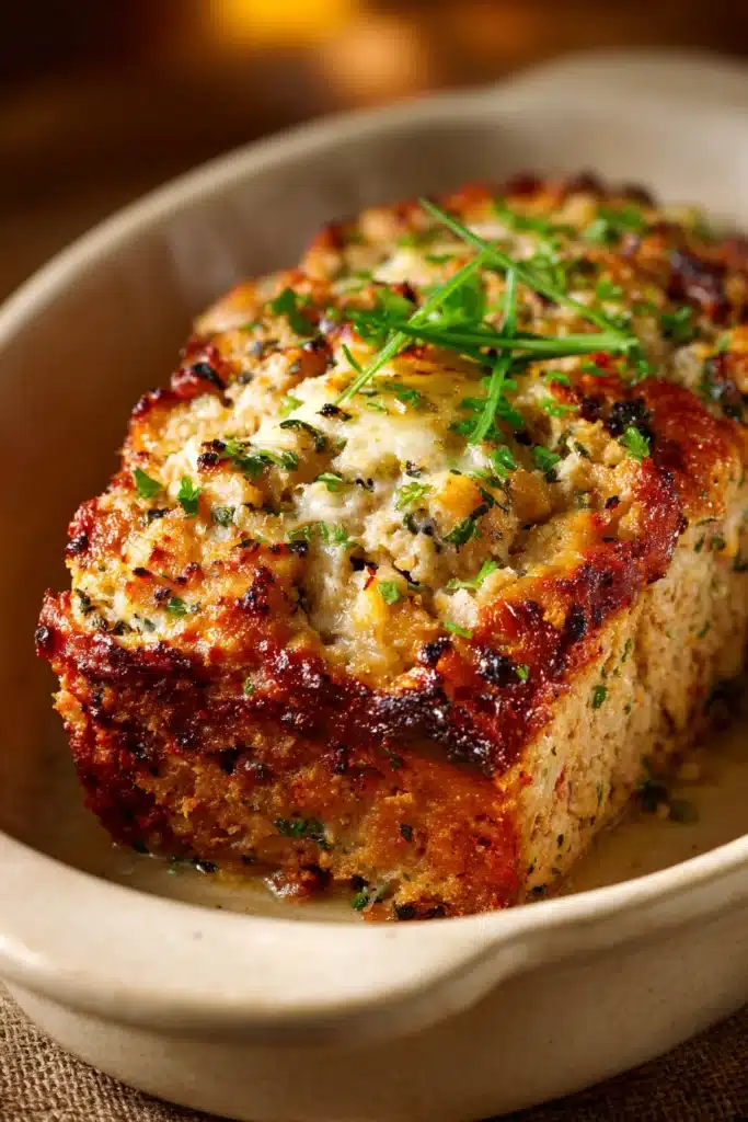 Close-up of chicken meatloaf with garlic and parmesan, garnished with herbs.