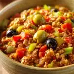 Close-up of Chicken Picadillo with bright, natural lighting and clean background