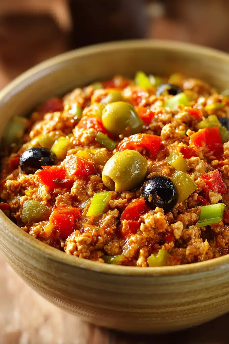 Close-up of Chicken Picadillo with bright, natural lighting and clean background