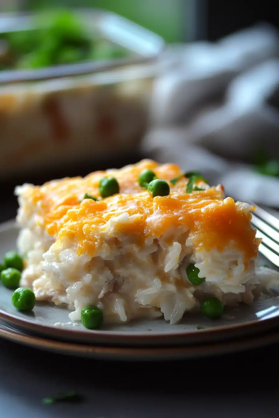 Close-up of chicken rice casserole with creamy sauce and herbs, showcasing appetizing textures.