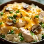 Close-up of a delicious chicken rice casserole in a pot with golden brown crust and herbs.