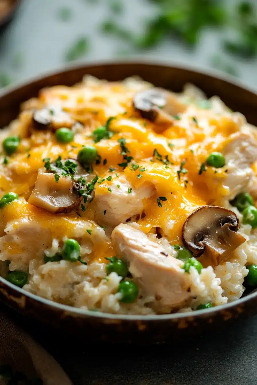 Close-up of a delicious chicken rice casserole in a pot with golden brown crust and herbs.