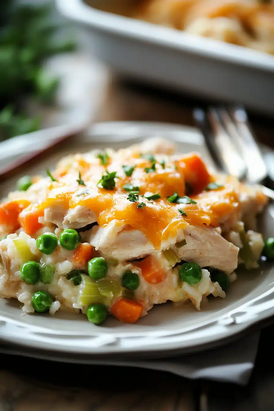 Close-up of a chicken rice casserole in a pot with visible ingredients and bright lighting.