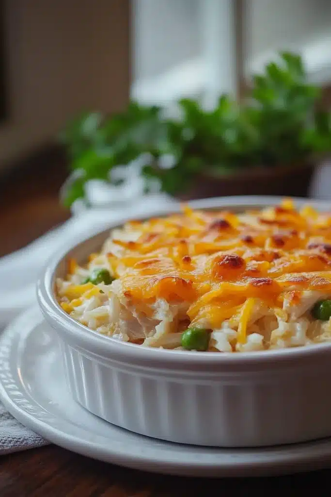 Close-up of a chicken rice casserole with creamy sauce and herbs, perfect for a comforting meal.