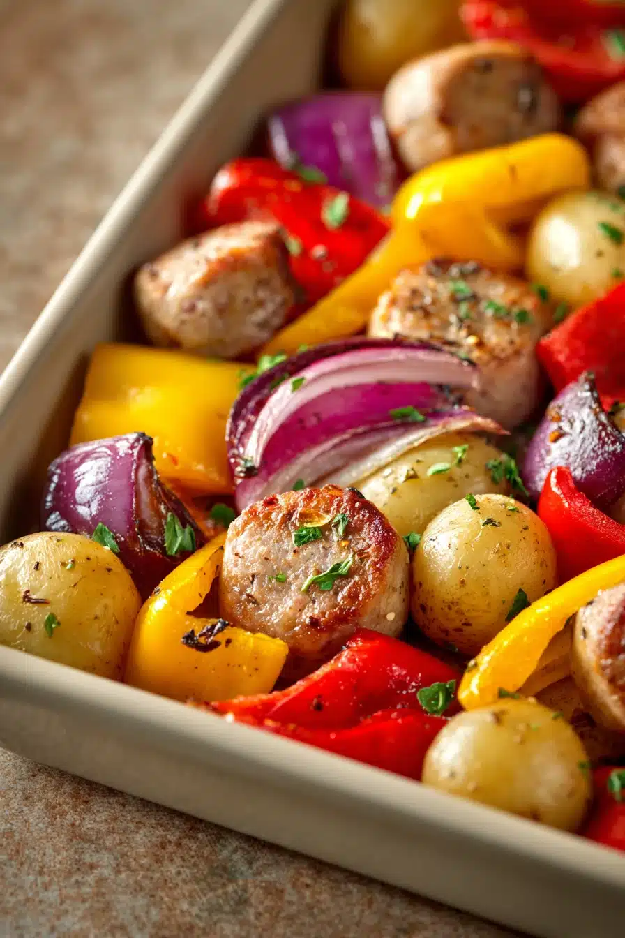 Close-up of chicken sausage with roasted vegetables on a sheet pan, vibrant and appetizing.