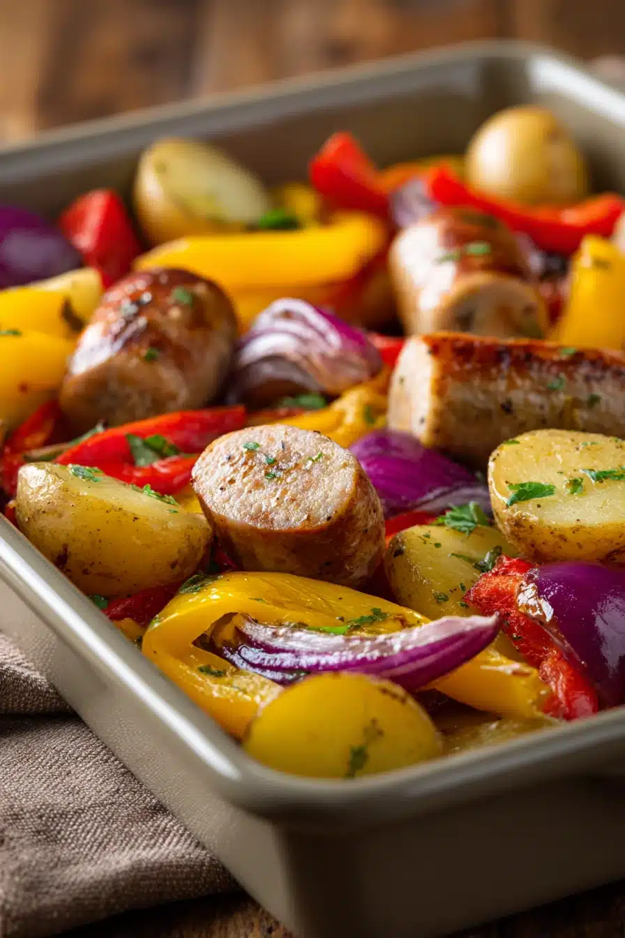 Close-up of a chicken sausage sheet pan meal with vegetables on a clean background
