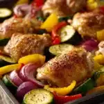 Close-up of a chicken sheet pan dinner with zucchini, roasted to perfection with herbs.