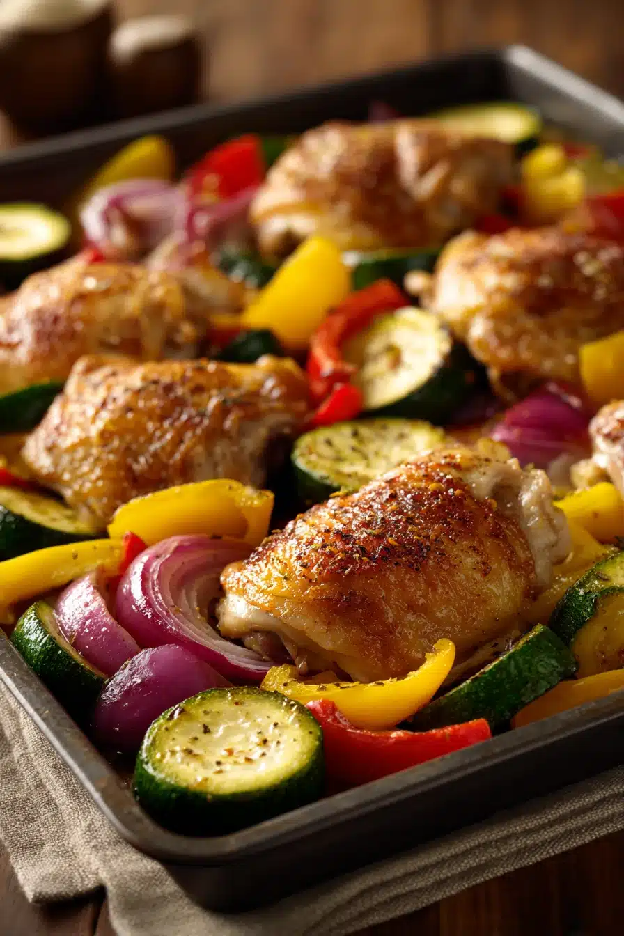 Close-up of a chicken sheet pan dinner with zucchini, roasted to perfection with herbs.