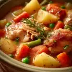 Close-up of chicken stew in slow cooker with visible chicken pieces and vegetables.