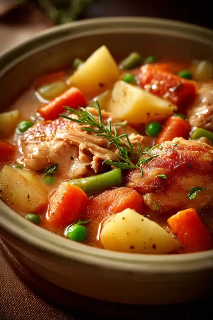 Close-up of chicken stew in slow cooker with visible chicken pieces and vegetables.