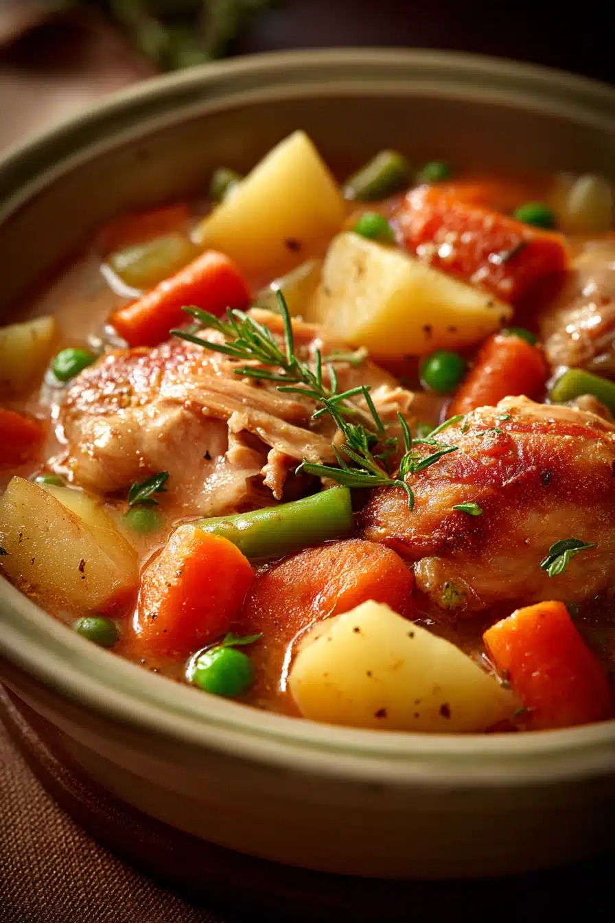 Close-up of chicken stew in slow cooker with visible chicken pieces and vegetables.