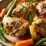 Close-up of a dairy-free chicken thigh dinner with herbs and spices