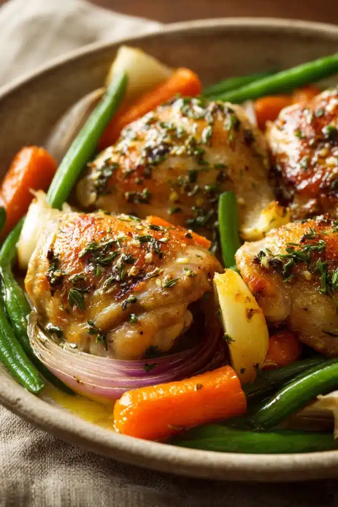 Close-up of a dairy-free chicken thigh dinner with herbs and spices