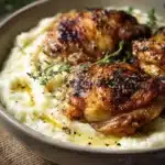 Close-up of a chicken thigh dinner with mashed potatoes, garnished with herbs on a clean white plate.