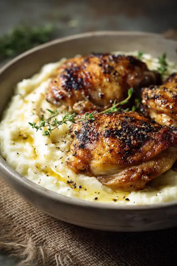 Close-up of a chicken thigh dinner with mashed potatoes, garnished with herbs on a clean white plate.