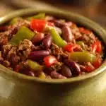 Close-up of Chili Con Carne with beans and spices in a bowl.