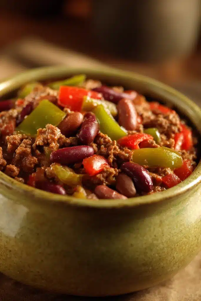 Close-up of Chili Con Carne with beans and spices in a bowl.