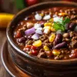 Close-up of chili in a crock pot slow cooker with beans and tomatoes