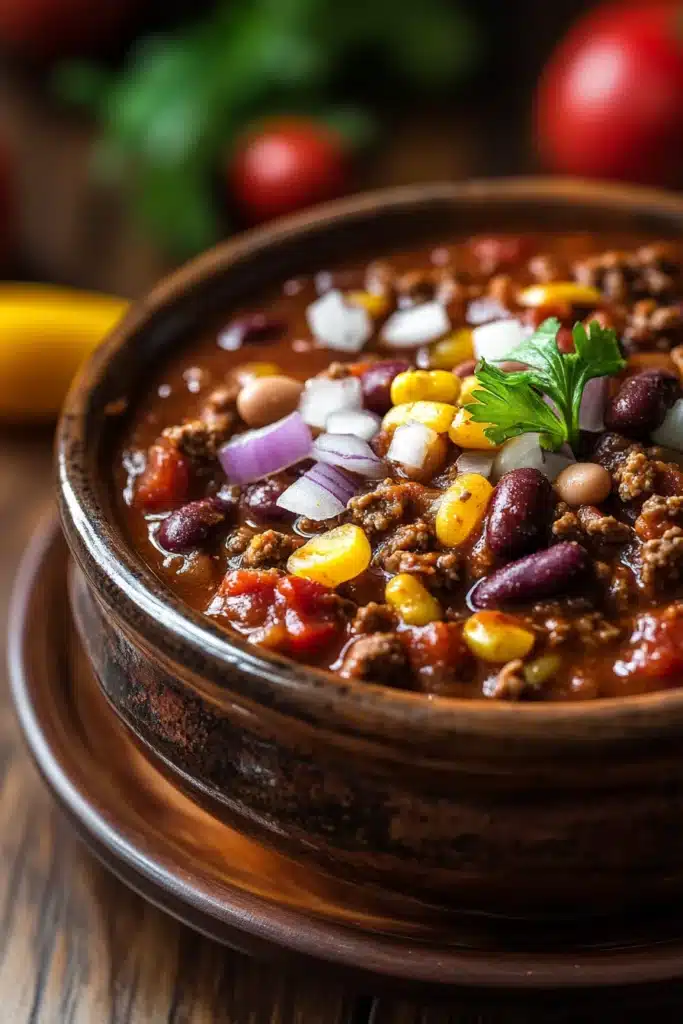Close-up of chili in a crock pot slow cooker with beans and tomatoes